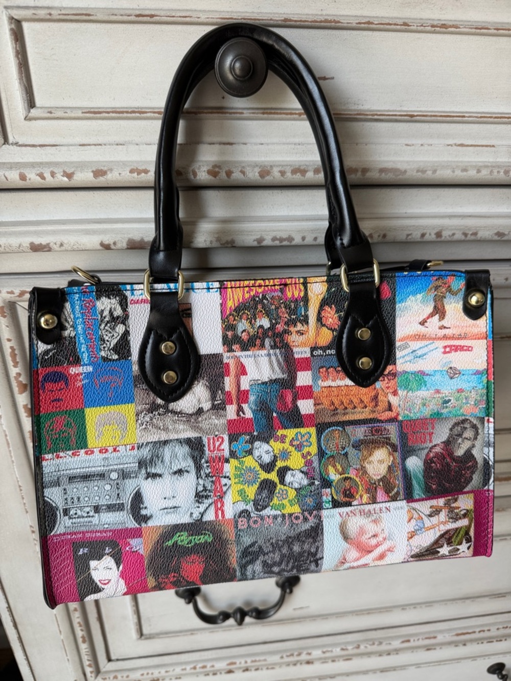 NEW multicolor 80s Albums themed Women’s Handbag w/ Black Handles/gold hardware.